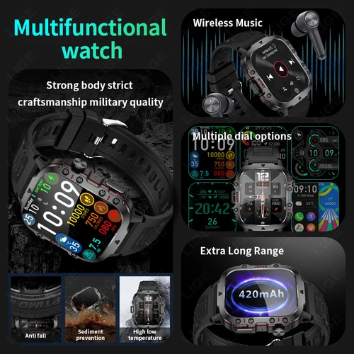 Imagen 2 del producto Reloj inteligente LIGE para exteriores para hombre, pantalla de 2,01 "", 3AT, resistente al agua, Bluetooth, llamada, voz Ai, reloj inteligente deportivo para Android, Xiaomi, IOS