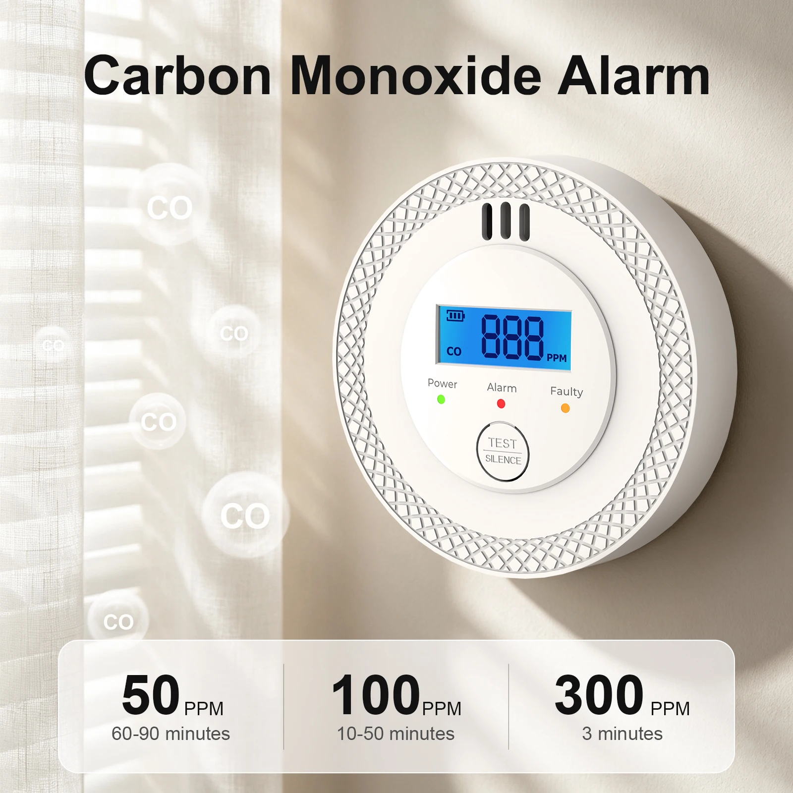 Kohlenmonoxid-Melder mit LCD-Display, batteriebetrieben (3 V DC), Wandmontage, 3 LED-Anzeigen, CO-Gaswarner für Kamin, Schlafzimmer, Ofen und Garage