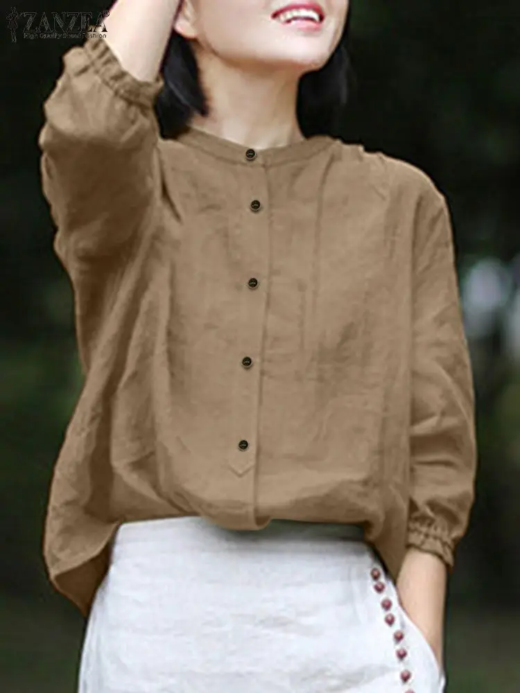 2023 Autumn ZANZEA Shirt Women Korean Style  Vintage Cotton Linen 3/4 Sleeve Tops Button Down O-Neck Shirts Tunic Top Blusas