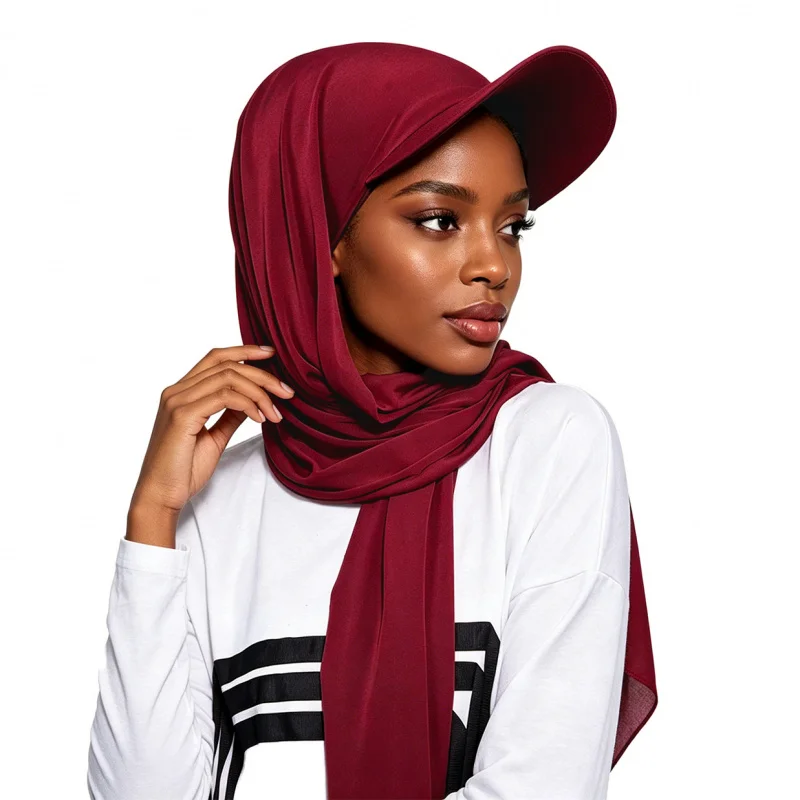 

Long Headscarf Hijabs Beanie with Baseball Visor for Muslim Women Solid Color Built-in Scarf UV Protection Detachable BandanaHat