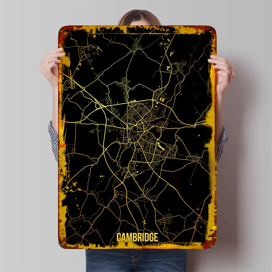 Cambridge City Map Metal Wall Art Custom Home Decor Modern Minimalist Urban Street Print for Living Room Office Decoration