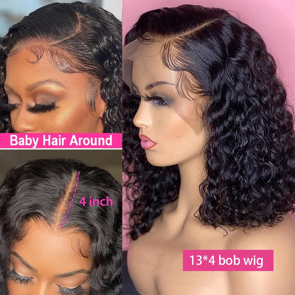 Deep Wave Frontal Wig 13x4 Short Bob Wig Lace Front Human Hair Wigs Brazilian 180 Density Curly Human Hair Wig On Sale Clearance