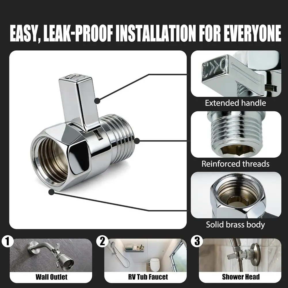 Shut-Off Valve for Shower Systems Made of Solid Brass with Chrome Plating Compatible with Standard G1/2 Fixtures