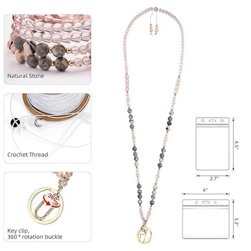 Work Stone Faux Crystal Card Holder Adjustable ID Lanyard Women Handmade Beaded Badge Holder Lanyard