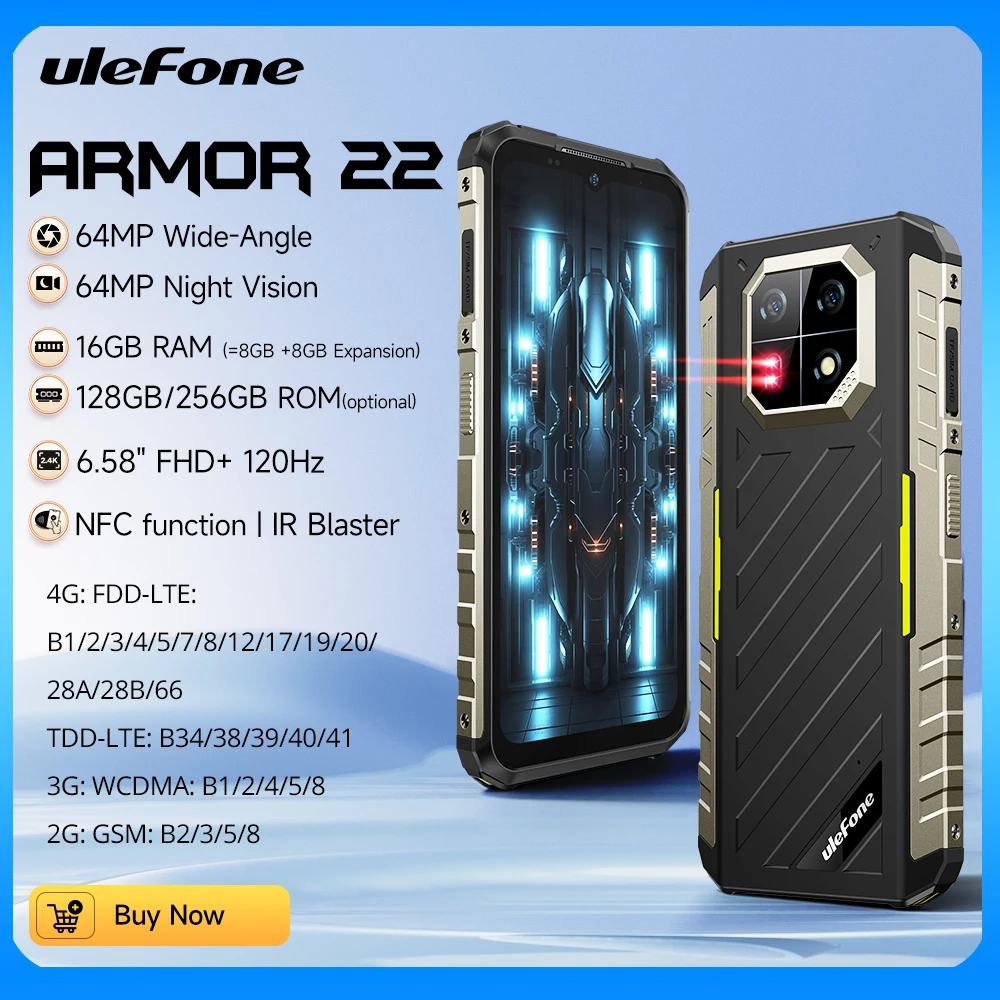 [العرض الأول في العالم] هاتف Ulefone Armor 22 الوعرة، 16 جيجابايت (8 جيجابايت + 8 جيجابايت) ذاكرة الوصول العشوائي 128 جيجابايت/256 جيجابايت، هاتف Android 13 الذكي، هاتف NFC 64MP 4G