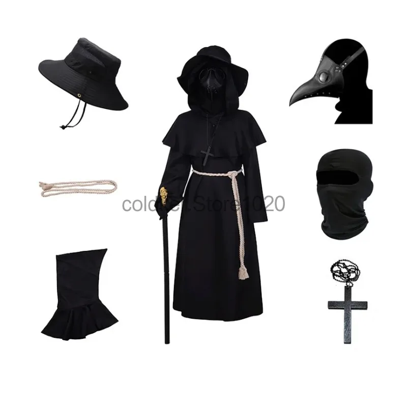 New Halloween Plague Doctor Cosplay Costume for Men Women Evil Black Hooded Robe Crow Beak Mask Adult Carnival Party Outfis