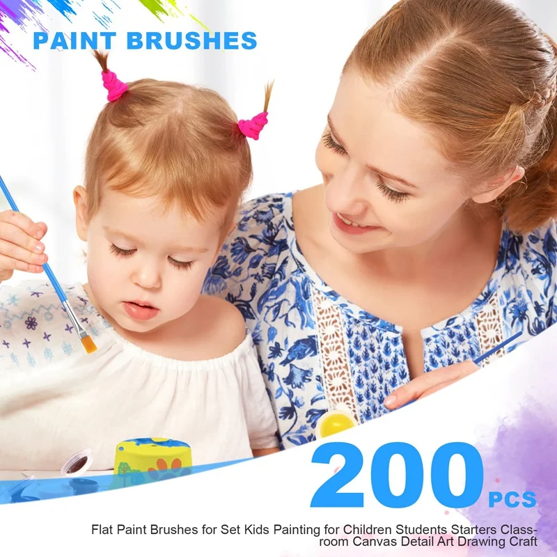 Ensemble de pinceaux plats pour enfants, peinture pour enfants, étudiants, démarrage de la salle d'irritation, art sur toile, artisanat de dessin, 200 pièces