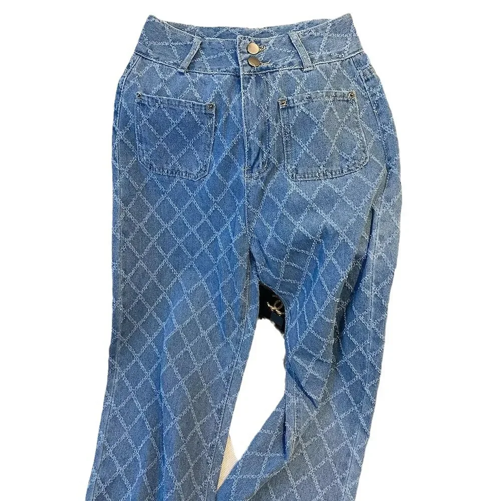 بنطلون جينز عصري عالي الخصر للنساء ، بنطلون ياباني منقوشة ، بنطلون رفيع ، موضة الشباب ، الصيف ، طراز جديد ،