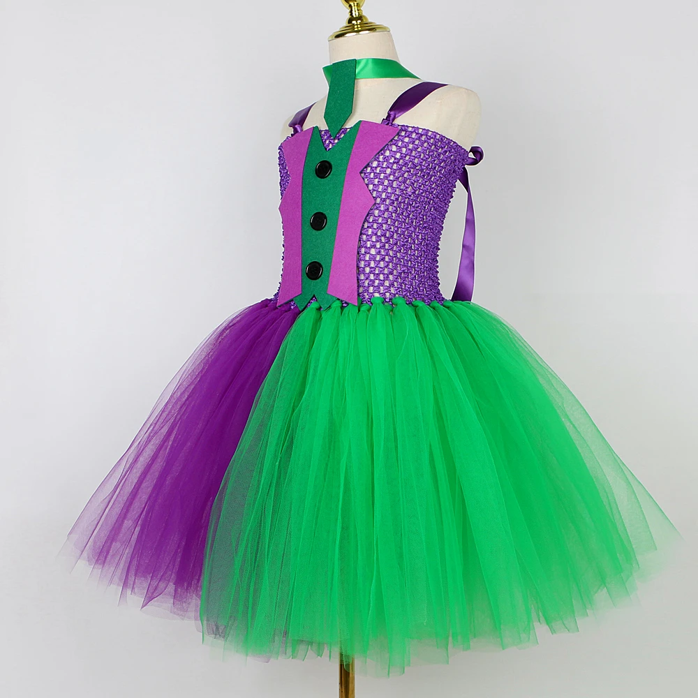 Fleck Clown Halloween Costumes for Girls Purple Green Joker Cosplay Dresses for Kids Carnival Party Outfits Children Anime Tutus