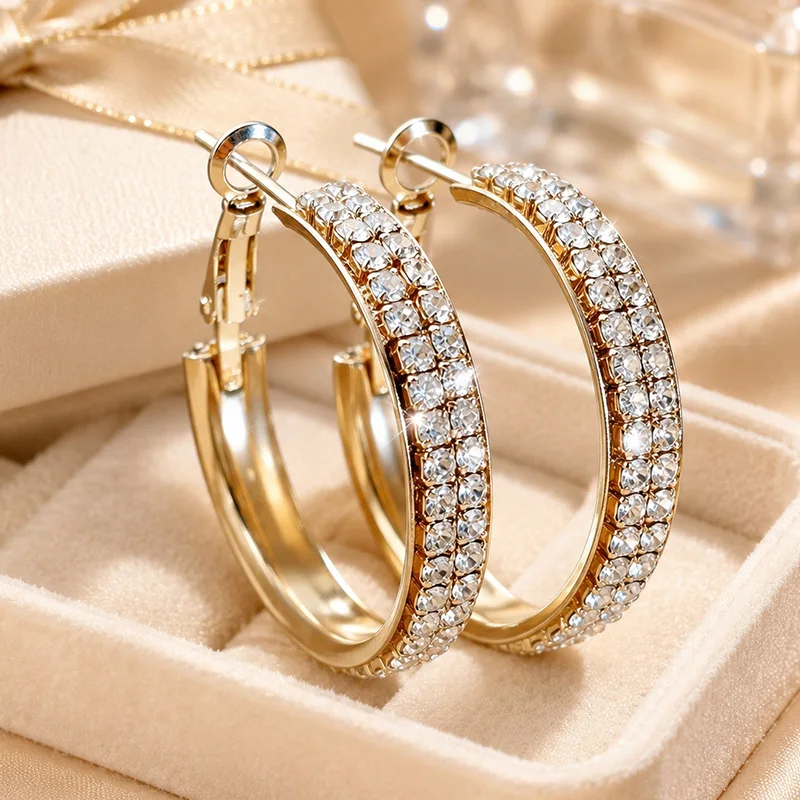 Gold Silver Color CZ Hoop Earrings for Women Pave Rhinestone Oval Hoops C-Shaped Fashion Jewelry Christmas New Year Party Gift