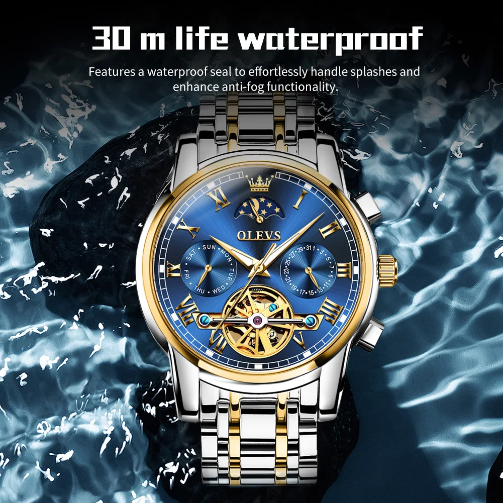OLEVS 6617 Brand original authentic watches for man luxury Gift Box Steel belt multifunctional tourbillon mechanical men's watch