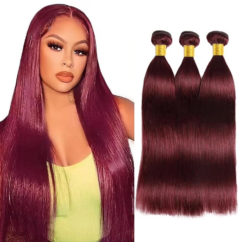 Pacotes de cabelo reto adequados para mulheres negras, cabelo virgem brasileiro não tratado por muito tempo, vinho vermelho, 99J, 16-30 Polegada