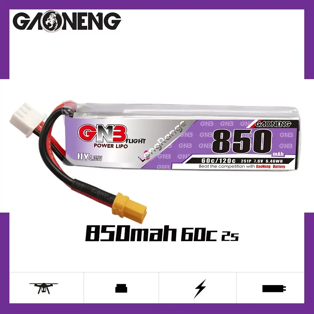 2 шт. GNB HV 60C 850 мАч 7,6 В/2 с 11,4 В/3 с 15,2 В/4s Lipo с разъемом XT30 для FPV Racing Cine Whoop