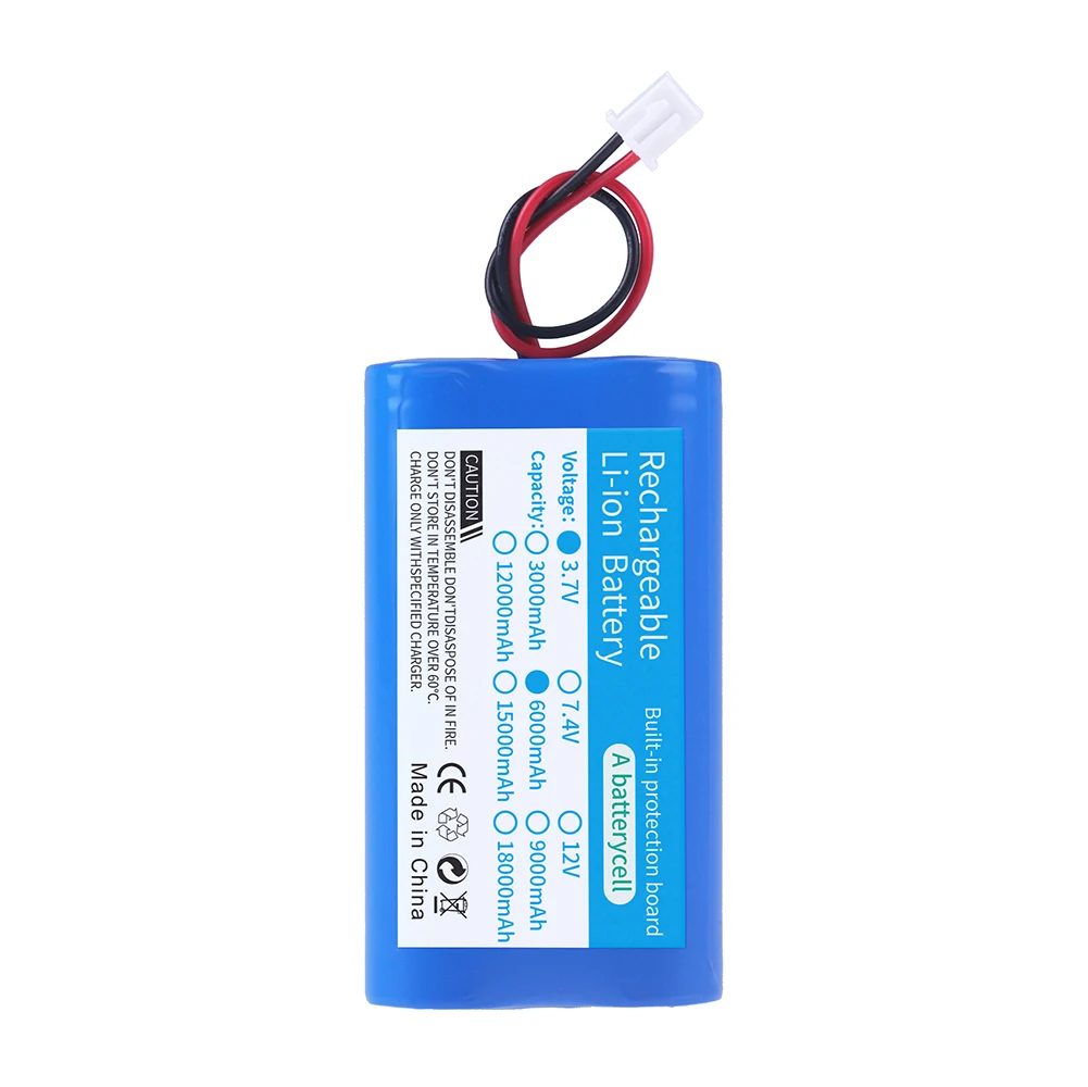 Lithium Battery 3.7V 18650 with PH2.0-2P Plug 1S2P 6000mAh Rechargeable battery For Fishing LED Lights, Bluetooth, Speaker