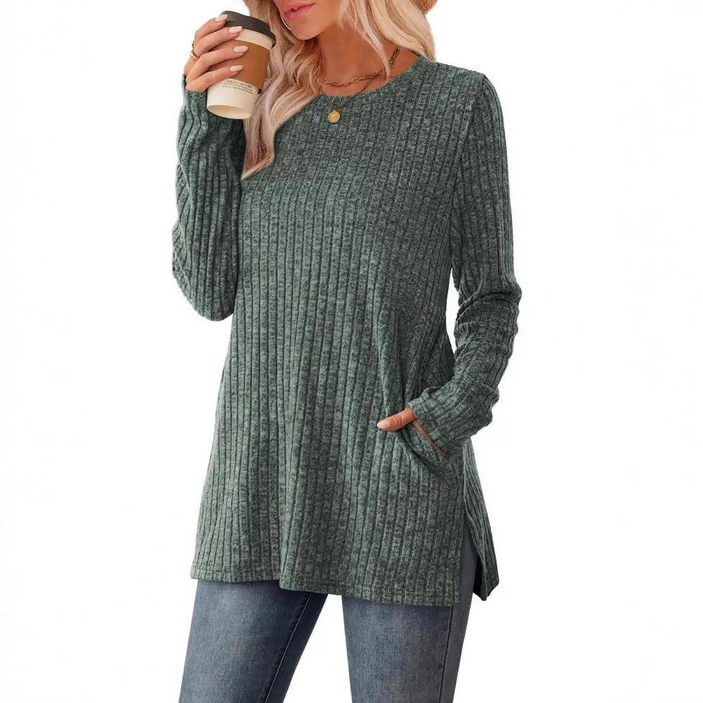 المرأة محبوك بلايز مخطط البلوزات أنيق المرأة تونك القمم مع جيوب جانبية كم طويل بلوزة متماسكة مخطط الشتاء لخريف
