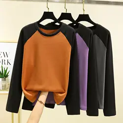 Dralon Contrast color Bottoming T-shirt O-Neck Warm fleece Tshirts Longsleeves Autumn winter Tee Tops