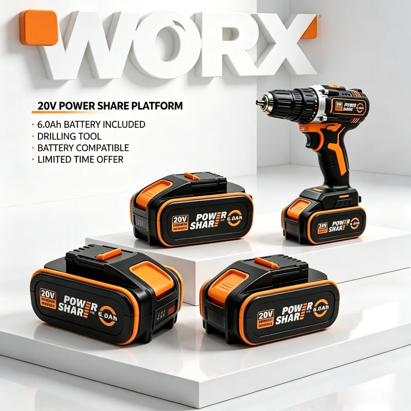 Genuine WORX PowerShare 20V 6.0Ah Li-ion Battery Fit WA3525 WA3578,Eco-friendly Cells for Weed Sweeper & Backyard Garden Tools