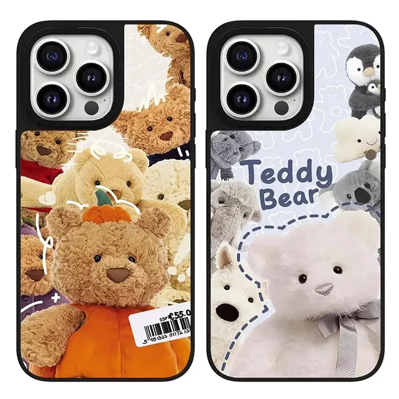 

Cute Plush Teddy Bear Mirror Magnetic Phone Case Cover for IPhone 11 12 13 14 15 16 Pro Max Case for IPhone 16 Pro Max