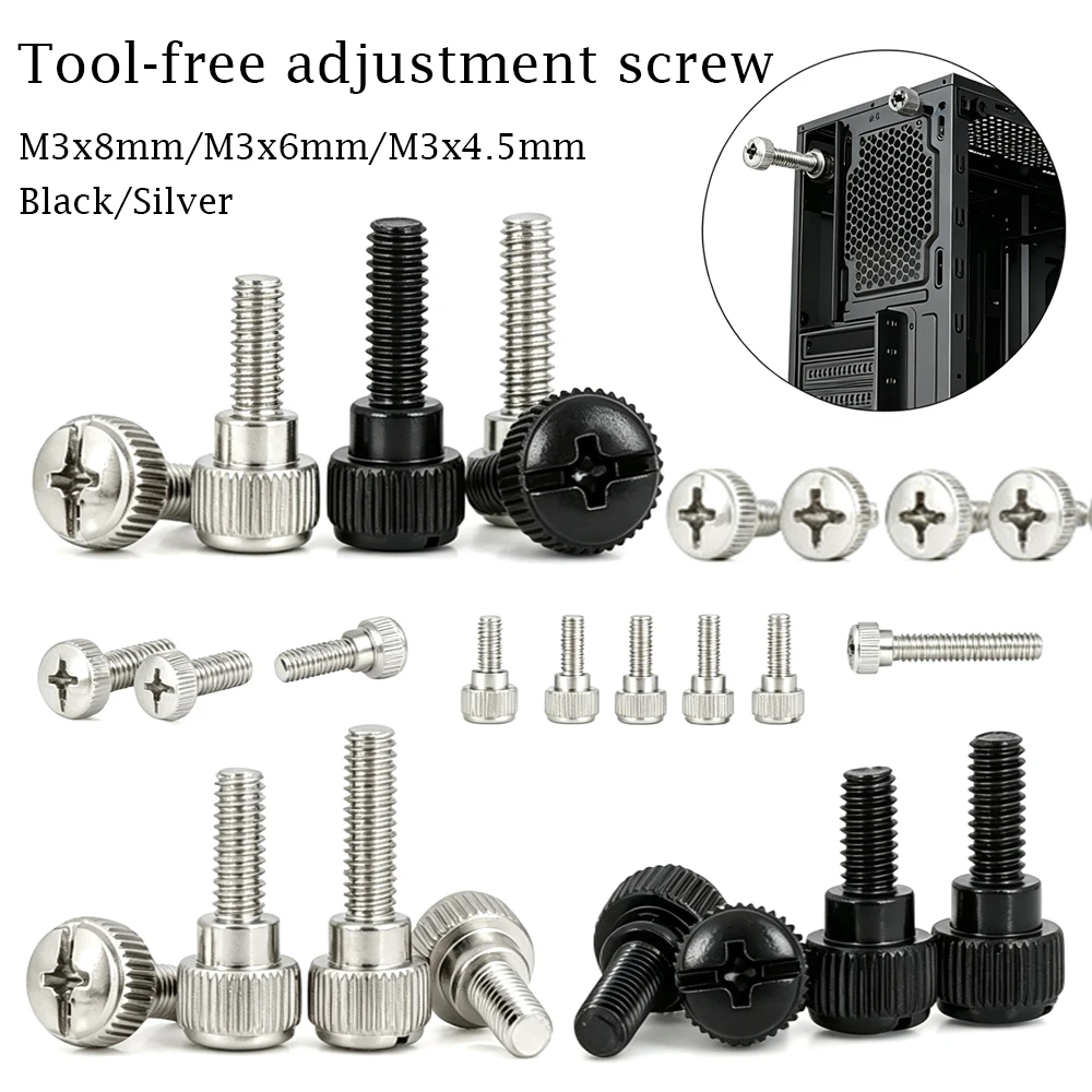 

10-50pcs M3 Black & Silver Thumb Screws, Slotted Phillips Head Hand Tighten Bolt for PC Computer Case, Carbon Steel
