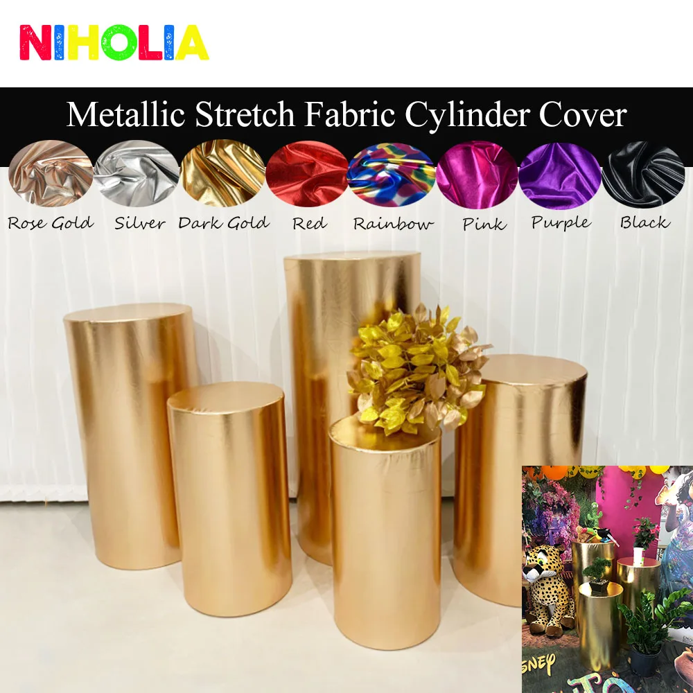 Niholia Gold Silver Elastic Backdrop Stretch Fabric Cylinder Cover Wedding Birthday Party Decoration Background Booth Props