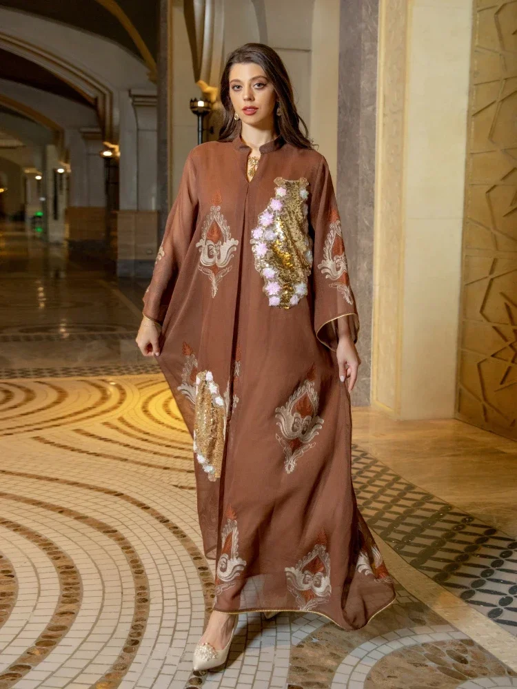 

Марокканское платье для женщин, мусульманская Абая, Индия, воротник-стойка, абайи, вышивка, блестки, вечерние платья, кафтан, длинное платье, Vestidos Largos