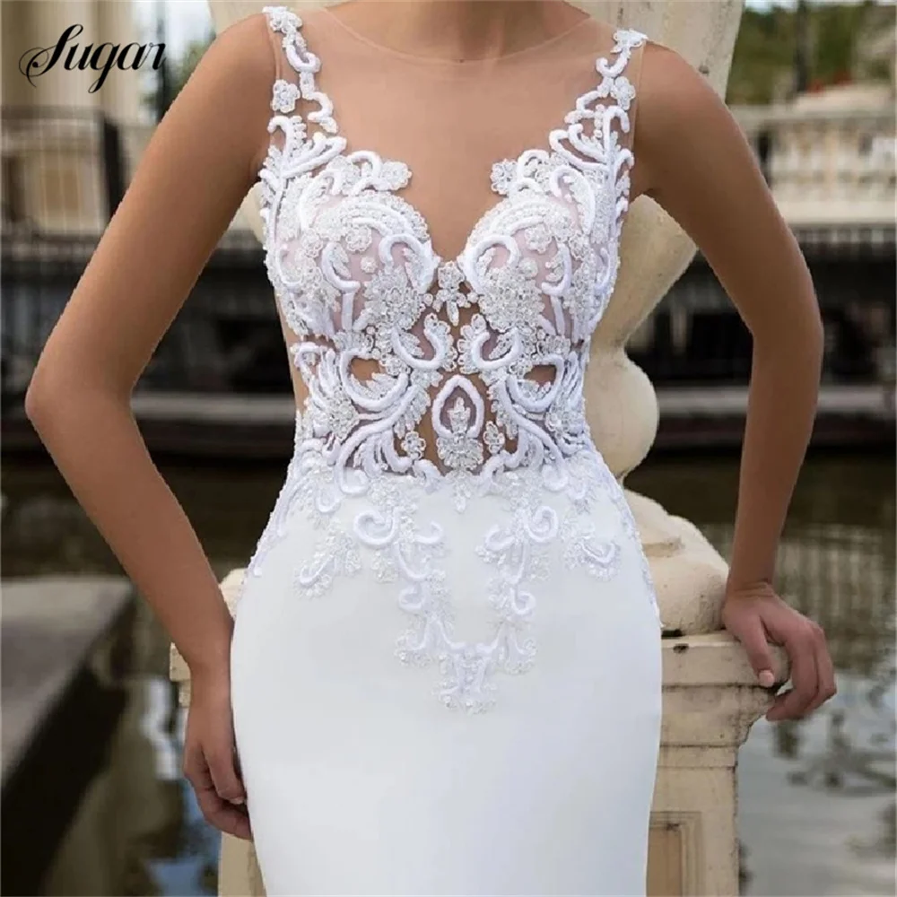 Elegant Mermaid Wedding Dresses 2023 Sheer O-Neck Sleeveless Lace Appliques Sweep Train Chiffon Bridal Gown With Button Back