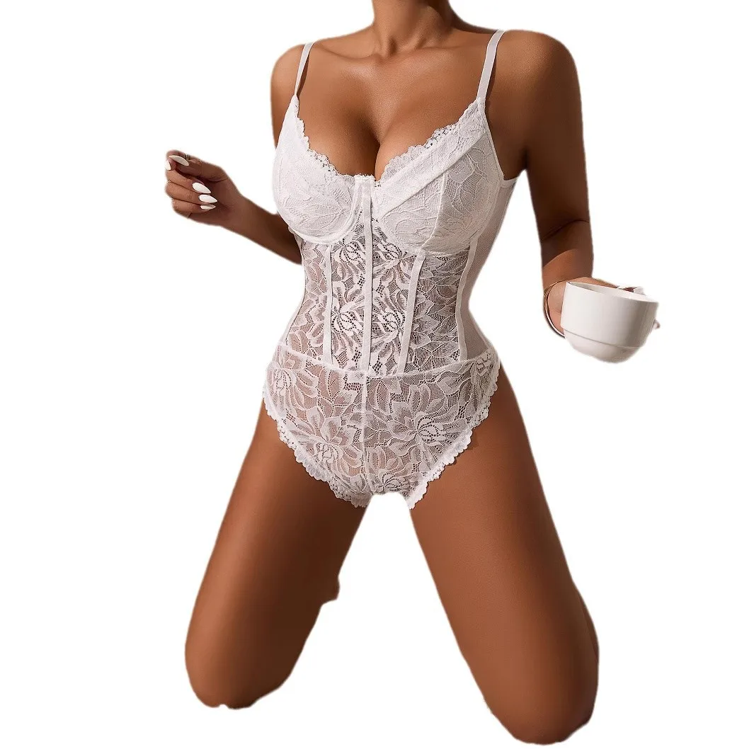 

Sexy Pure Color Lace Bodysuit High Waist ort Pants Thin Cotton Fabric Steel Ring Underwear for Women Full Coverage Briefs