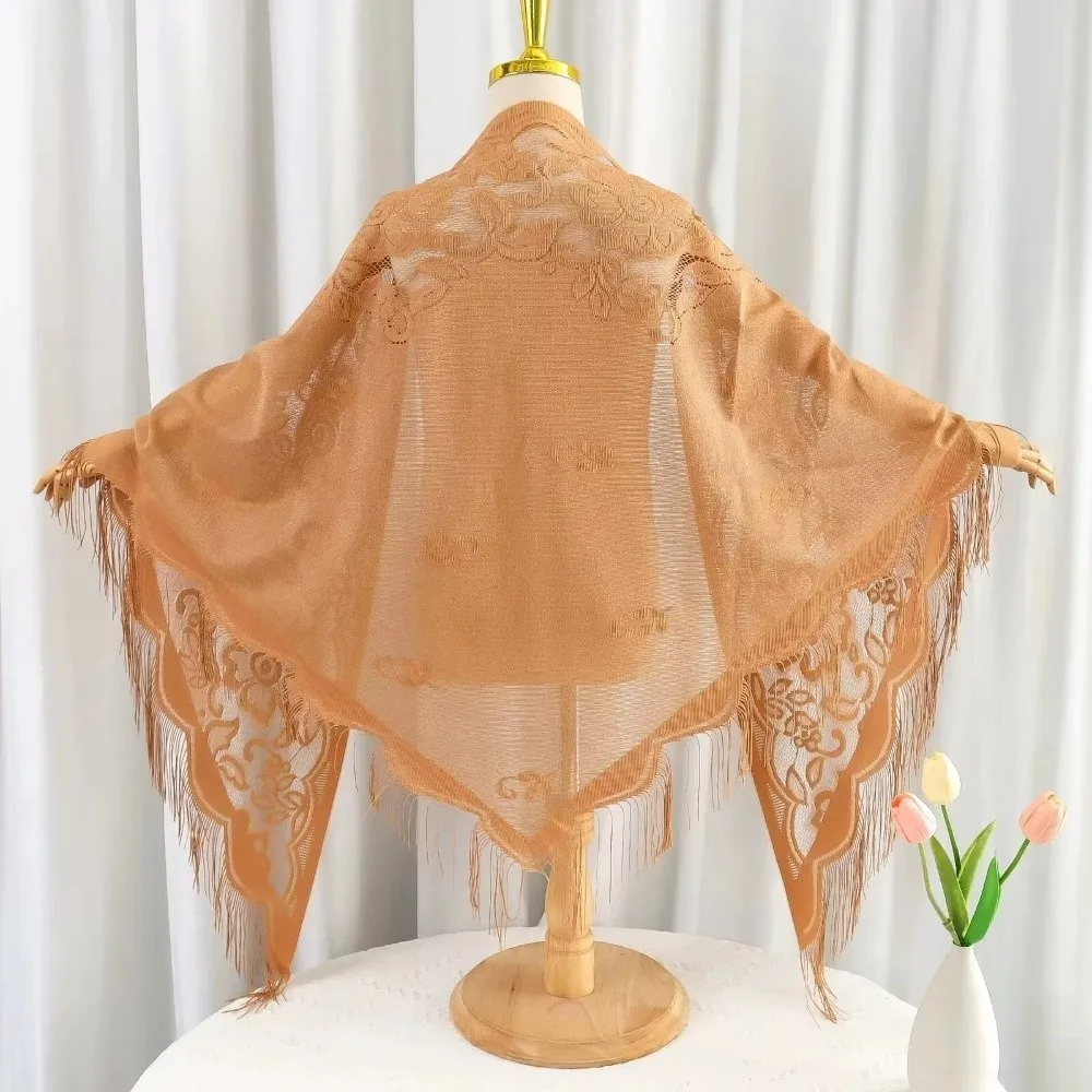 

Модный тюлевой шарф с кисточками в стиле пэчворк, однотонный дышащий треугольный шарф, полые аксессуары для вечеринок, шаль с кисточками