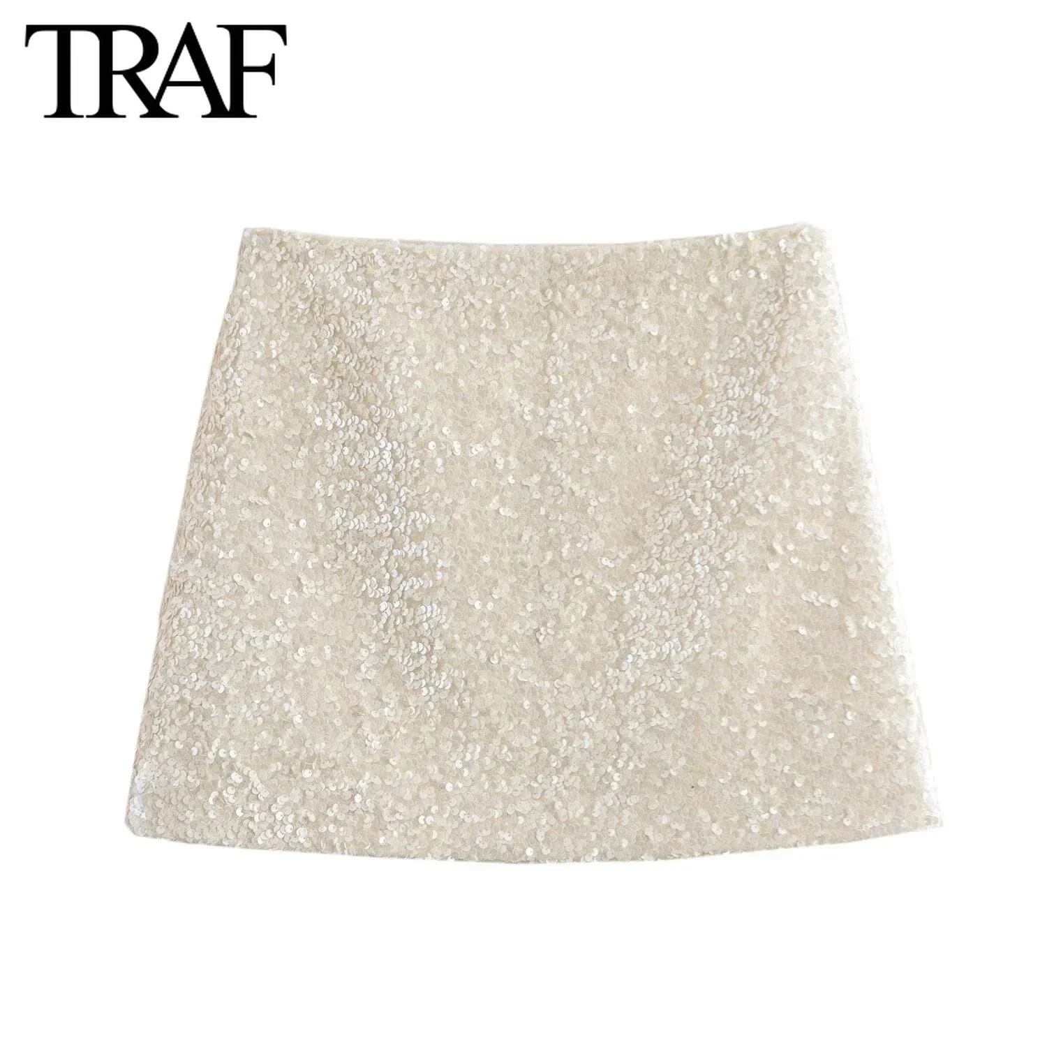 TRAF Skirt for Women Fashion Autumn Winter New Sequins Side Zip Chic Female High Waist Elegant A-line Short Skirts Mujer