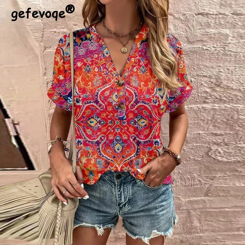 

Women Summer Vintage Print Elegant Blouses Fashion V Neck Short Sleeve Loose Shirts Casual Streetwear Tops Blusa Mujer Moda 2023