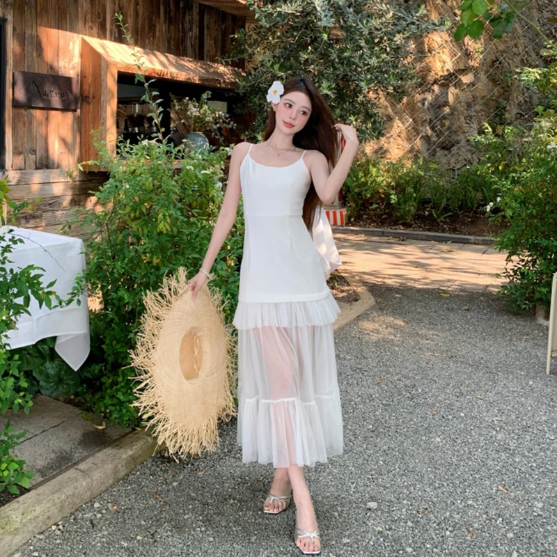 Black Mesh Patchwork Camis Dress Women Korean Fashion Sexy Party Dress Summer Harajuku Slim All Match Spaghetti Strap Vestidos