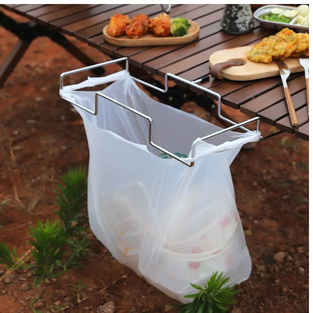 Portable Stainless Steel Camping Trash Holder - Foldable Table Stand for Picnic, BBQ & Outdoor, Eco-Friendly Garbage Bag Rack