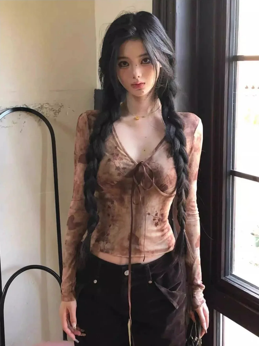 

Retro American Tie Dye Long Sleeve V Neck T Shirt Women's Slimming Mesh Top Korean Style Commute Pure Color Spring Fashion