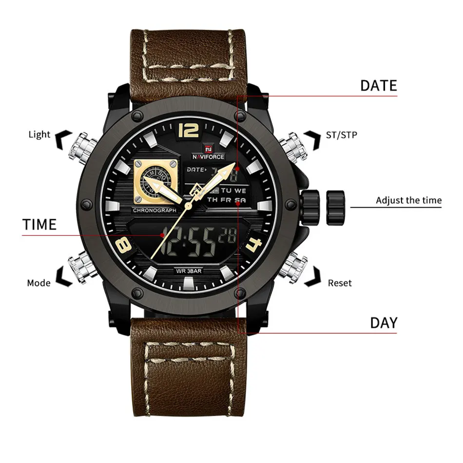 NAVIFORCE New Sport Watches Genuine Dual Display Quartz Wristwatches Big Dial Fashion Cool Man Digital LED Men Waterproof Watch