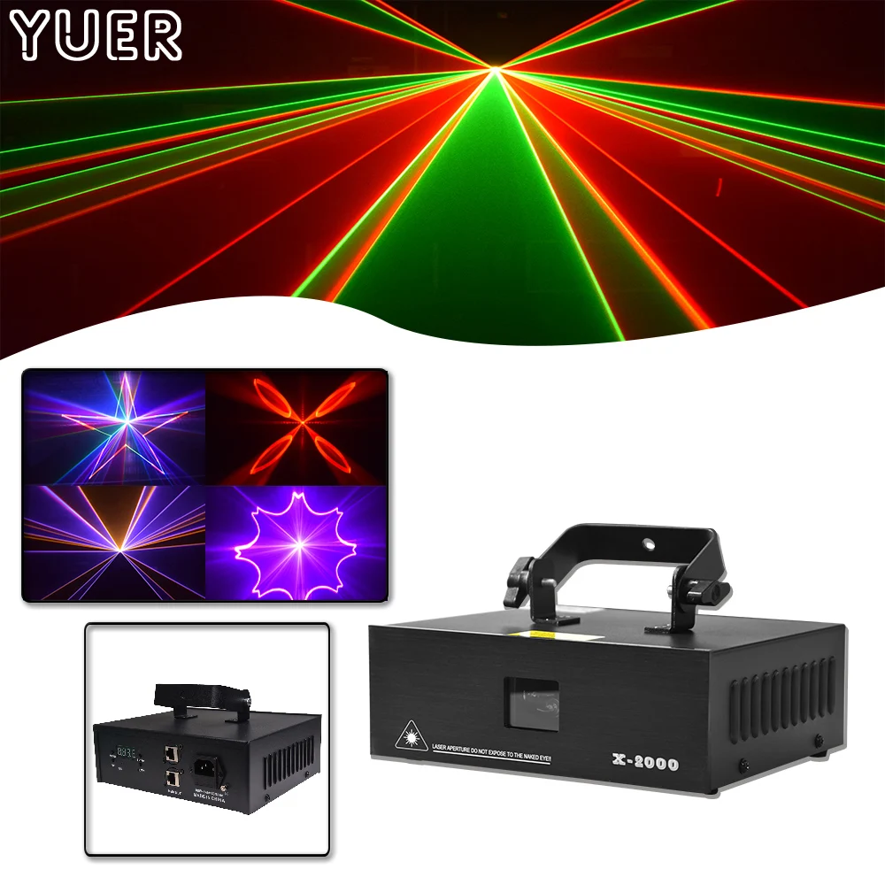 YUER 2W Full Color Laser Light Animation Scaning Pattern Effect Laser Projector DMX512 DJ Disco Stage Wedding Music Party Indoor