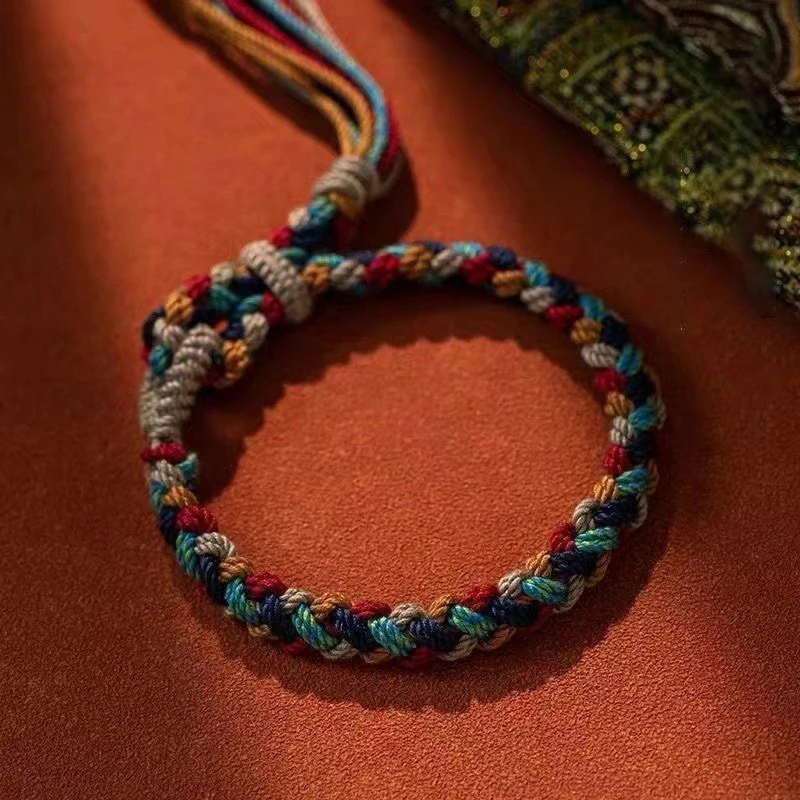 Handmade Tibetan Braided Colorful Rope Wristband Ethnic Style Bangle Adjustable Pulling Rope Wristchain