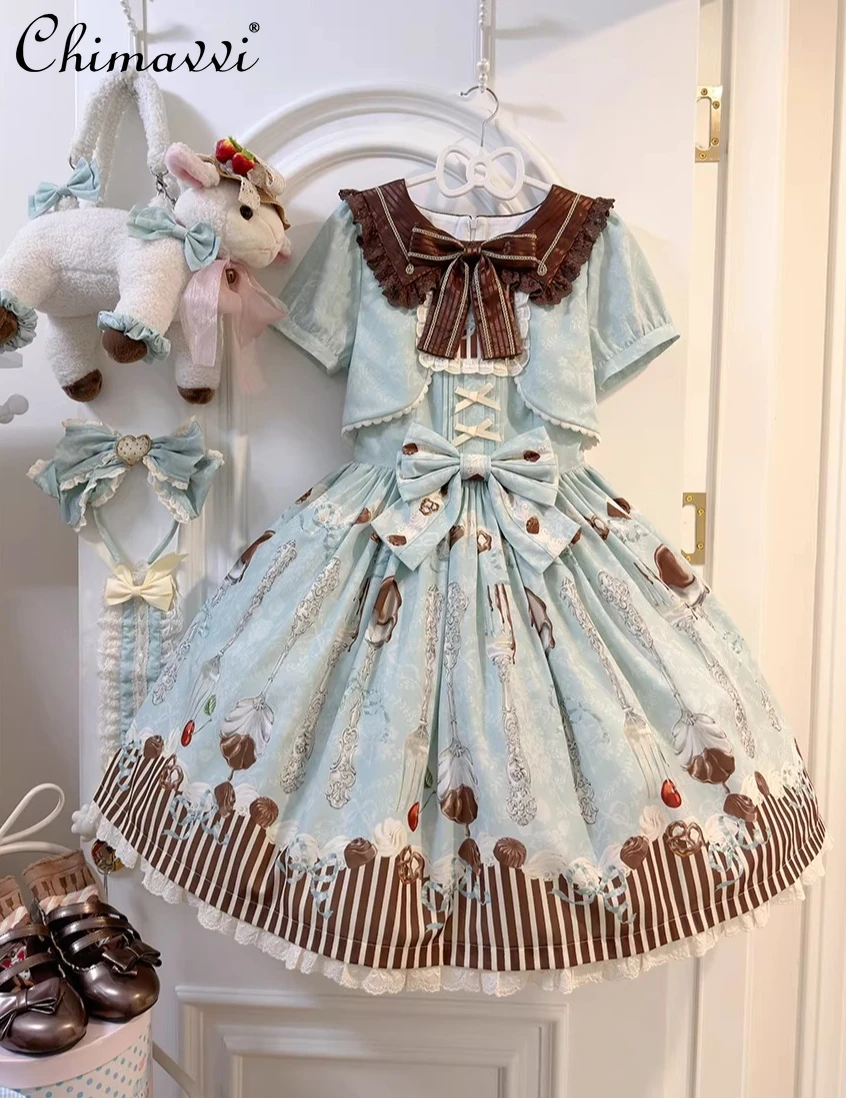 

Original Thin Printing Lolita Dress Spring and Summer New Cute Bows Short Sleeve High Waist Elegant Princess Op Dresses Women