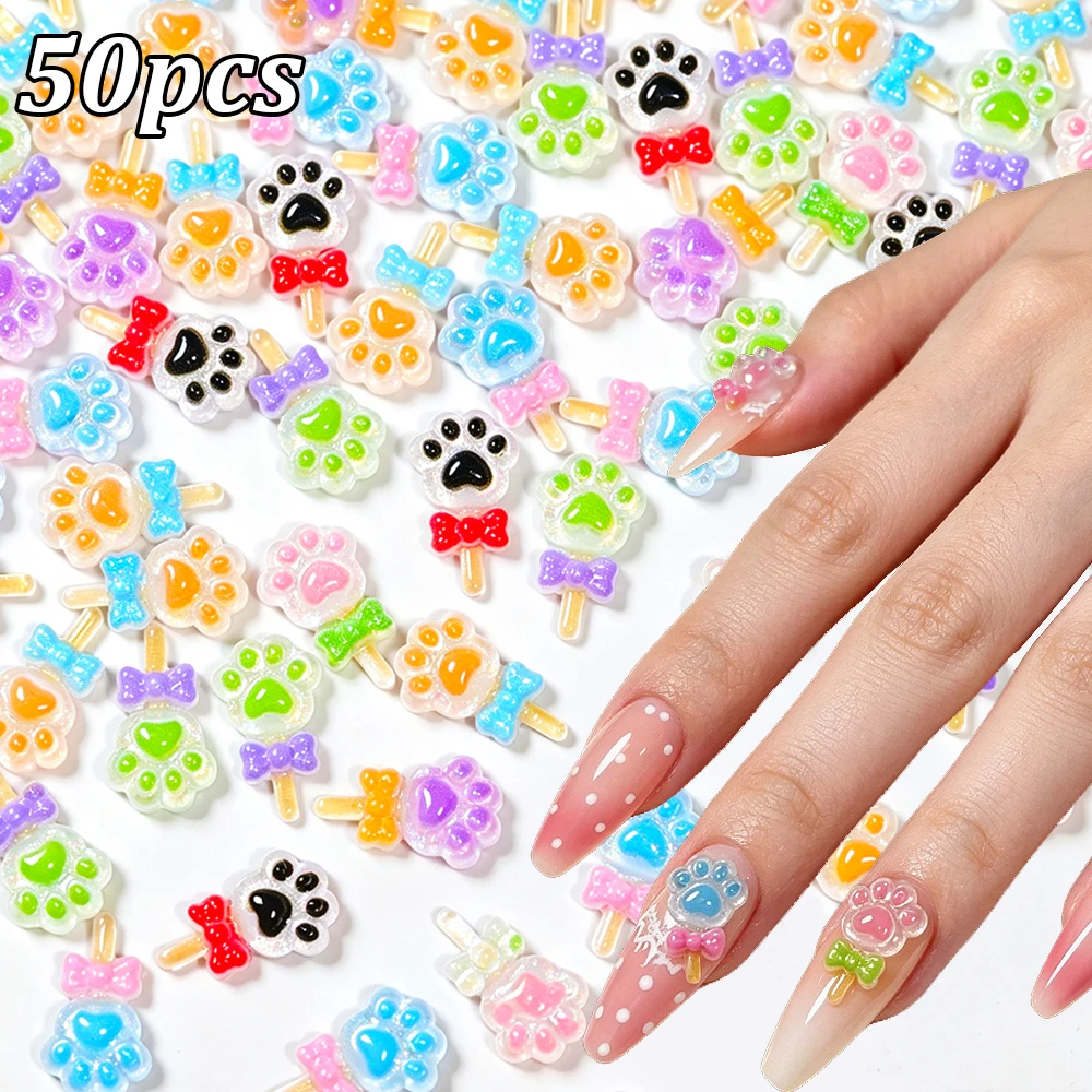 50pcs Candy Color Cat Paw Lollipop Nail Charms Macarons Cat Paw Magic Wand Nail Rhinestones Sweet Resin Bow Manicure Decoration