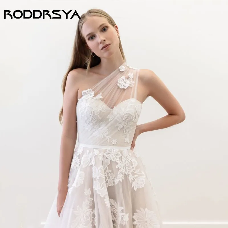 Roddrsya ilusão vestido de casamento de um ombro, apliques de tule, pregas, vestido de noiva, zíper traseiro, personalizadoRoddrsya ilusão vestido de casamento de um ombro, apliques de tule, pregas, vestido de noiva, z