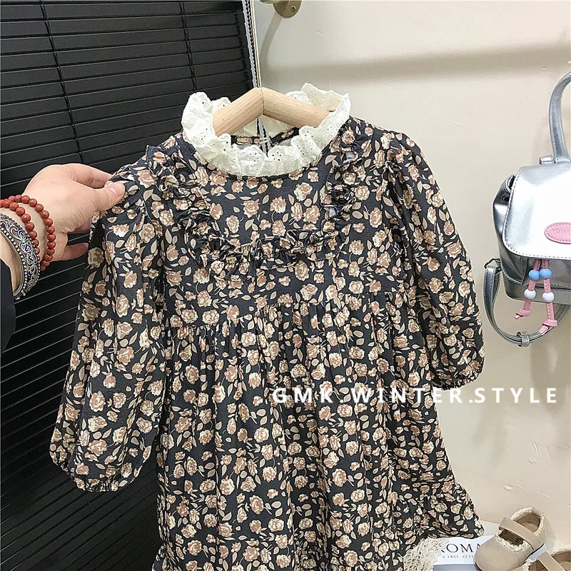 Girls' Spring and Autumn New Floral Long-Sleeve Dress  Collar in Korean Casual Country Style