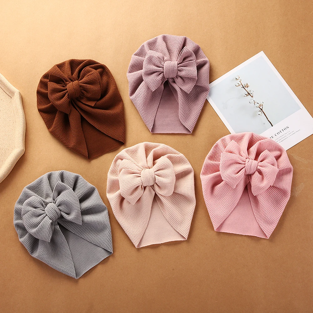 Solid Ribbed Turban Baby Hats Bow Topknot Caps for Newborn Bos Girls Toddler Beanies Hospital Headwraps Kids Hair Accessories