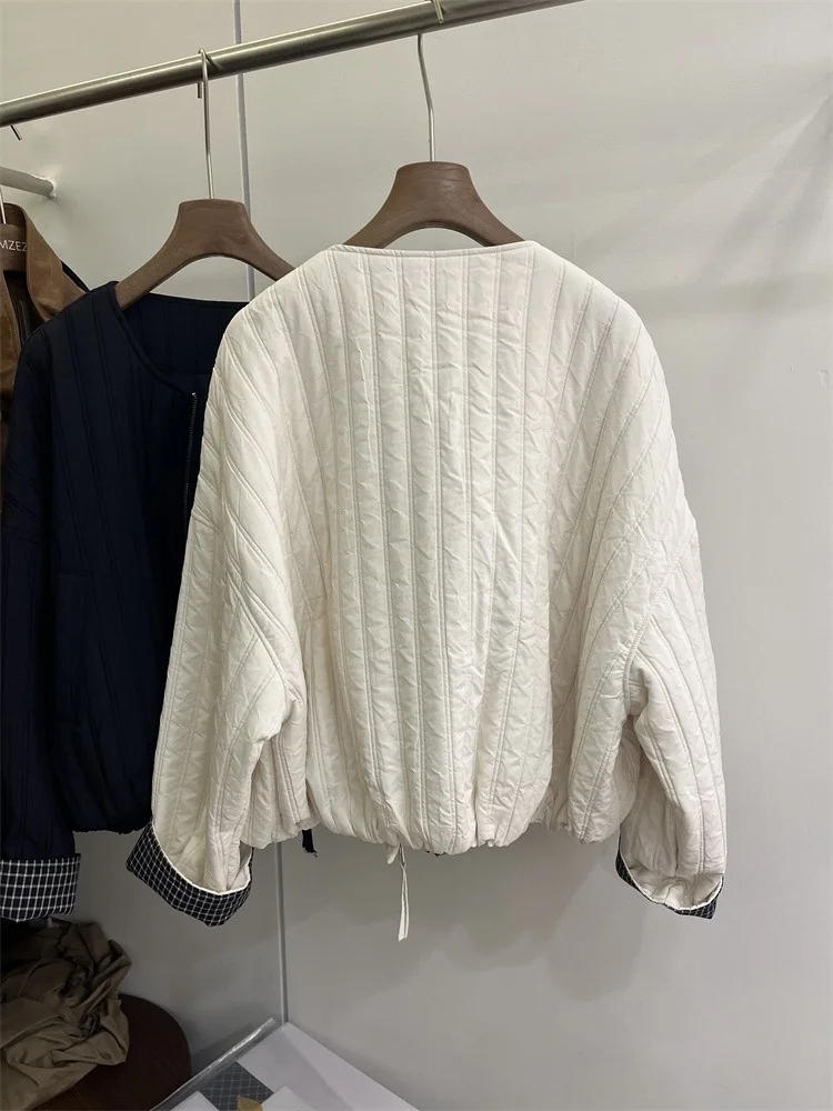 High-End Patchwork Plaid Cotton Jacket Women's Winter White Small Size Short Loose Filled Pit Stripe Outerwear Cotton Coat