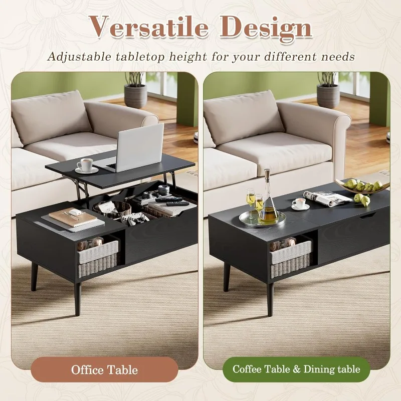 Multifunctional Lift Desk - Wood Center Table with Storage, for Home Office & Living Room