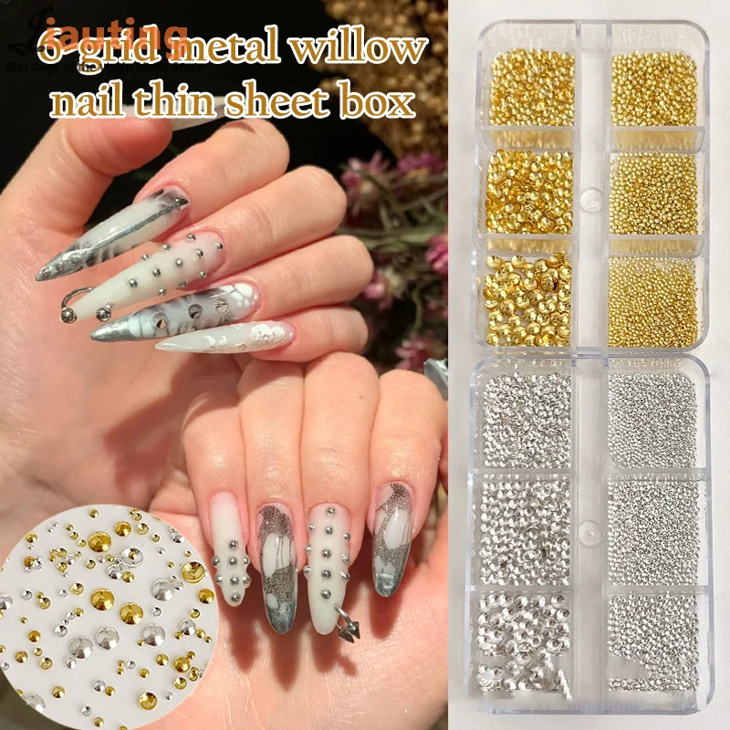 6 Grid/box Gold Silver Half Round Rivets Nail Charms 0.8-3mm Flat Back Round Metal Nail Bead Micro Ball Manicure Bead
