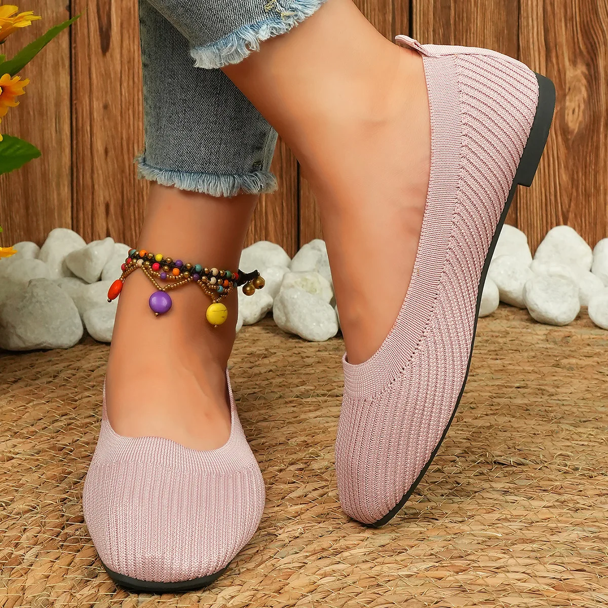 

Women's Flat Shoes Spring and Autumn Round Head Knitted Breathable Ballet Casual Shoe Non-slip Walking Lightweight Low-top Shoes