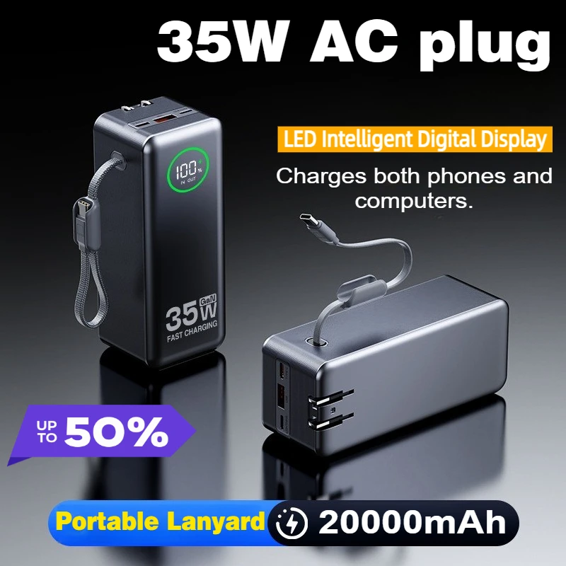 35W Power Bank 20000mAh Built-in Cable AC Plug Power Bank for Laptop Fast Charger for IPhone 18 Samsung S26 S25