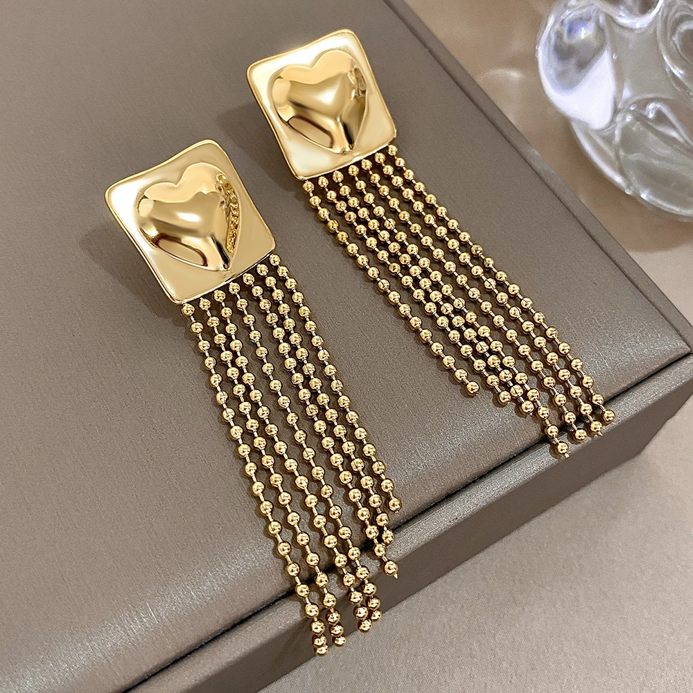 Vinatge Stainless Steel Heart Square Long Tassel Statement Earrings for Women Trendy Gold Color Metal Beads Tassel Drop Earrings