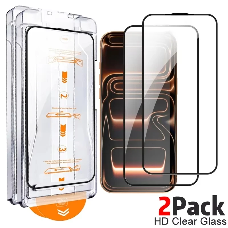 

2pcs Dust-Free Installation Screen Protectors for iPhone 17 16 Pro Max 15 14 11 12 13 mini 16e X XR 6 7 8 Plus HD Tempered Glass