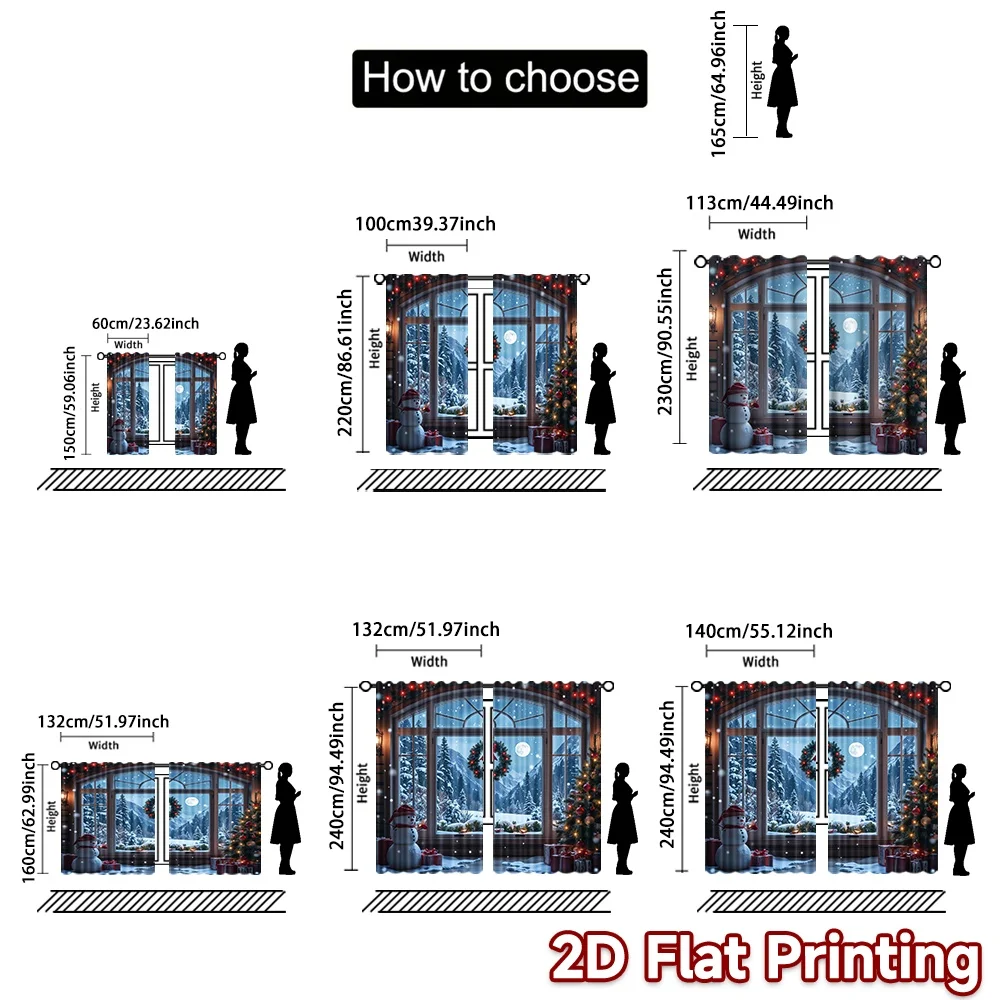 2 قطعة 2D الطباعة المسطحة عيد ميلاد سعيد نافذة الستائر شجرة عيد الميلاد سانتا كلوز الثلوج والقمر ليلة دائم 100% البوليستر