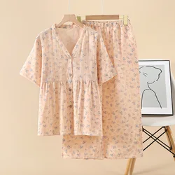 2024 Summer New Women's Pajama Set 100% Cotton Double Layer Gauze Short Sleeve Capris Two Piece Set for Simple Casual Home Fury